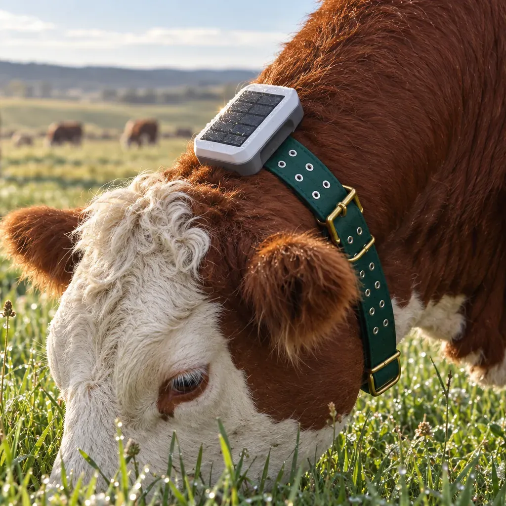 Herdwize solar GPS collar with a dark green strap and solar-panel module