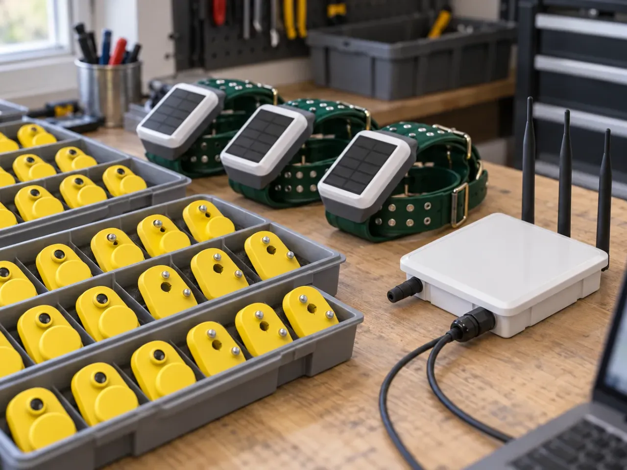 Yellow ear tags, solar GPS collars and a LoRa gateway staged on an integrator's workbench