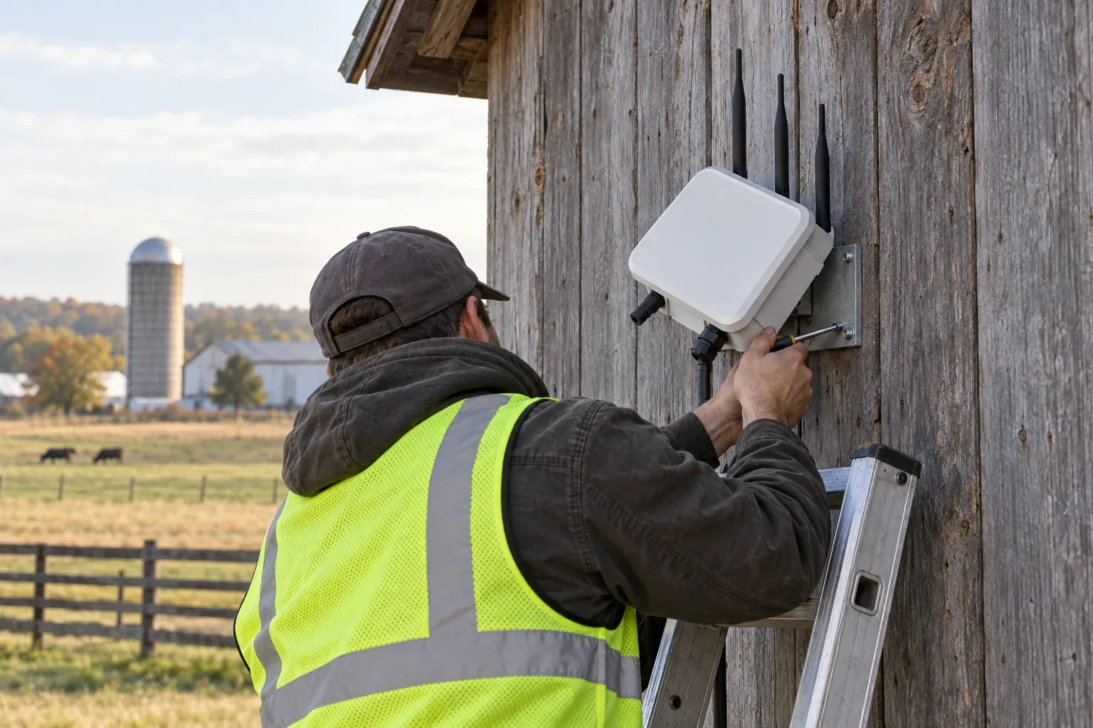 Integrator mounting a Herdwize LoRa gateway on a barn wall